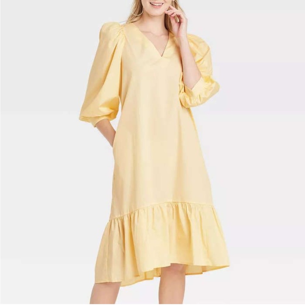 a new day Yellow Midi Dress with Puff Sleeves